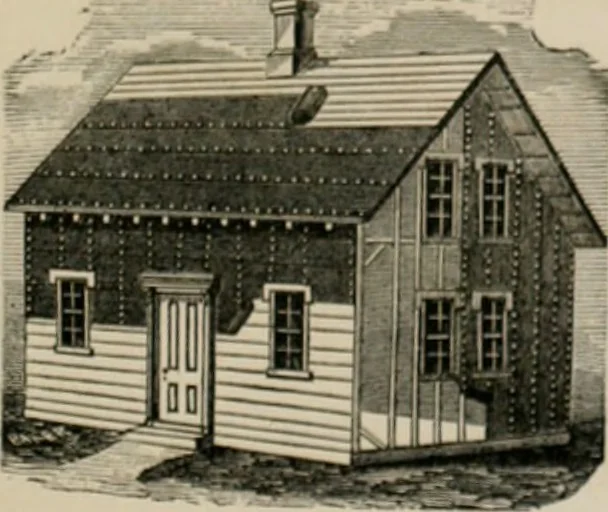 An illustration from Bicknell's village builder. Elevations and plans for cottages, villas, suburban residences, farm houses [etc.] also exterior and interior details for public and private buildings, with approved forms of contracts and specifications. Containing fifty-five plates drawn to scale, 1872, leaf 196