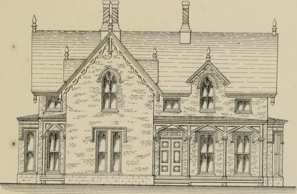 An illustration from Bicknell's village builder. Elevations and plans for cottages, villas, suburban residences, farm houses [etc.] also exterior and interior details for public and private buildings, with approved forms of contracts and specifications. Containing fifty-five plates drawn to scale, 1872, leaf 28