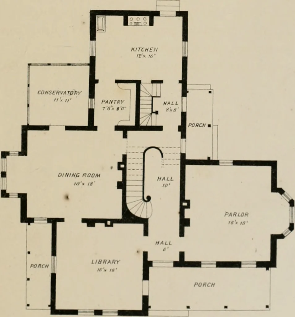 An illustration from Bicknell's village builder. Elevations and plans for cottages, villas, suburban residences, farm houses [etc.] also exterior and interior details for public and private buildings, with approved forms of contracts and specifications. Containing fifty-five plates drawn to scale, 1872, leaf 28