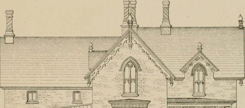 An illustration from Bicknell's village builder. Elevations and plans for cottages, villas, suburban residences, farm houses [etc.] also exterior and interior details for public and private buildings, with approved forms of contracts and specifications. Containing fifty-five plates drawn to scale, 1872, leaf 30