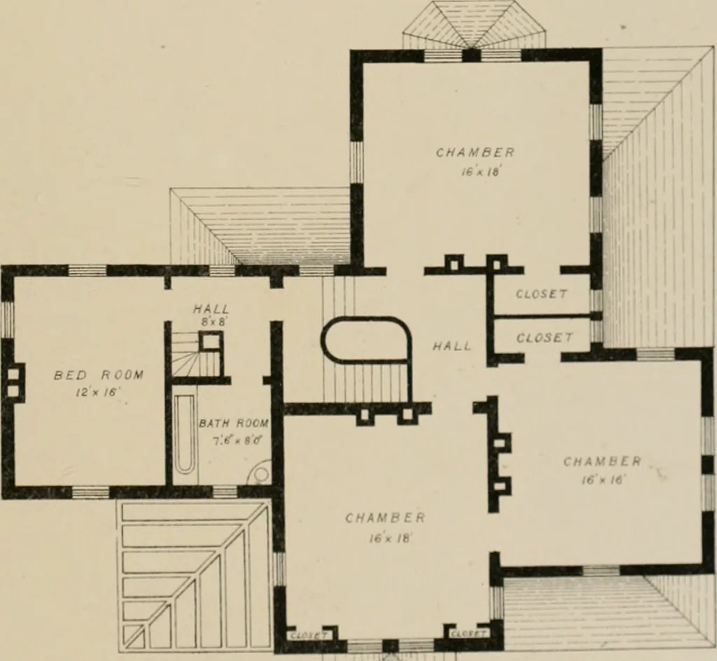 An illustration from Bicknell's village builder. Elevations and plans for cottages, villas, suburban residences, farm houses [etc.] also exterior and interior details for public and private buildings, with approved forms of contracts and specifications. Containing fifty-five plates drawn to scale, 1872, leaf 30