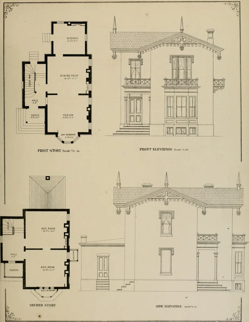 An illustration from Bicknell's village builder. Elevations and plans for cottages, villas, suburban residences, farm houses [etc.] also exterior and interior details for public and private buildings, with approved forms of contracts and specifications. Containing fifty-five plates drawn to scale, 1872, leaf 38