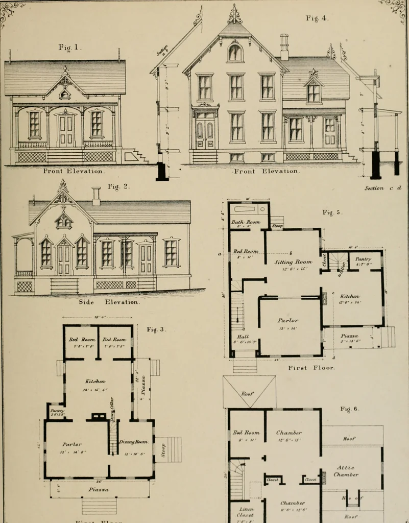 An illustration from Bicknell's village builder. Elevations and plans for cottages, villas, suburban residences, farm houses [etc.] also exterior and interior details for public and private buildings, with approved forms of contracts and specifications. Containing fifty-five plates drawn to scale, 1872, leaf 40