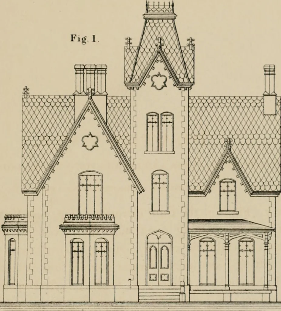 An illustration from Bicknell's village builder. Elevations and plans for cottages, villas, suburban residences, farm houses [etc.] also exterior and interior details for public and private buildings, with approved forms of contracts and specifications. Containing fifty-five plates drawn to scale, 1872, leaf 44