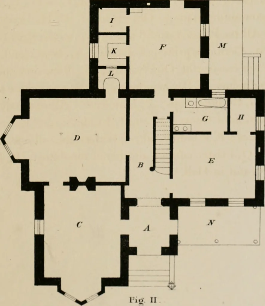 An illustration from Bicknell's village builder. Elevations and plans for cottages, villas, suburban residences, farm houses [etc.] also exterior and interior details for public and private buildings, with approved forms of contracts and specifications. Containing fifty-five plates drawn to scale, 1872, leaf 44