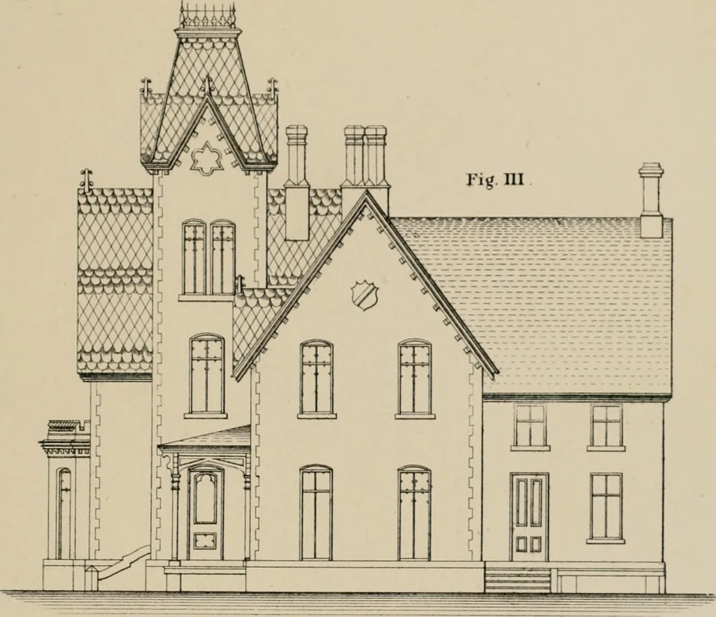 An illustration from Bicknell's village builder. Elevations and plans for cottages, villas, suburban residences, farm houses [etc.] also exterior and interior details for public and private buildings, with approved forms of contracts and specifications. Containing fifty-five plates drawn to scale, 1872, leaf 46