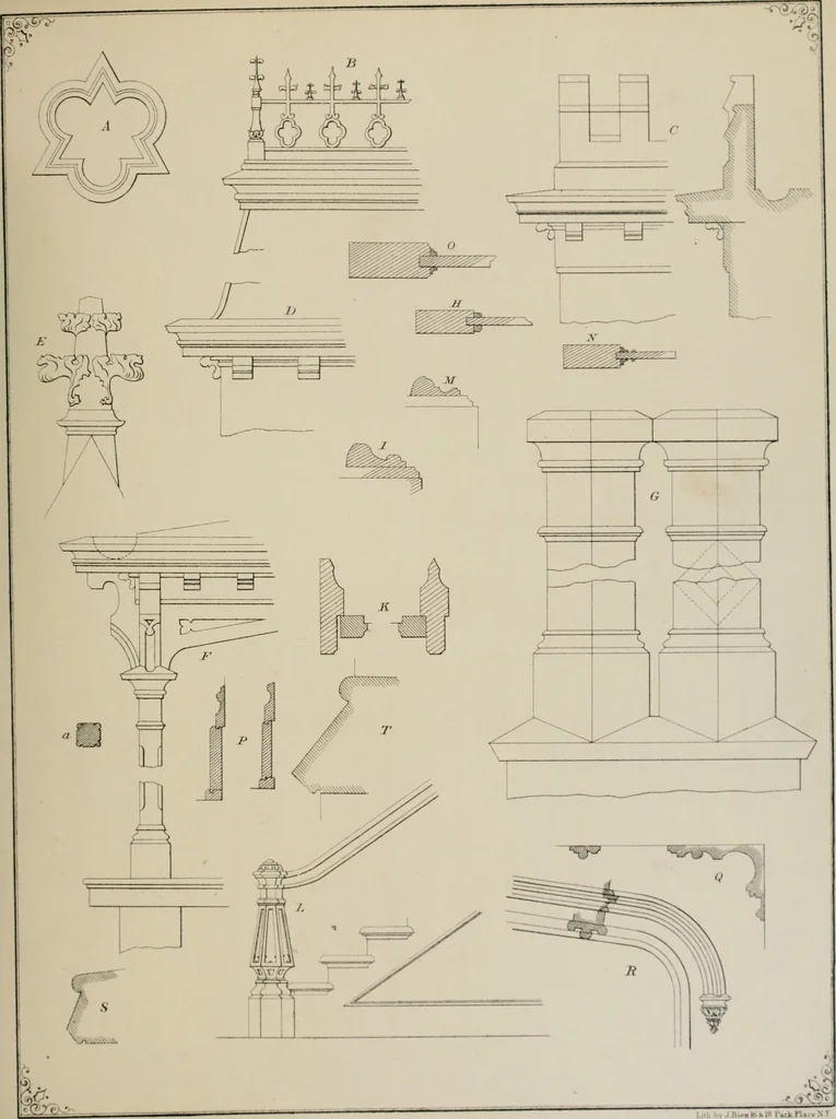 An illustration from Bicknell's village builder. Elevations and plans for cottages, villas, suburban residences, farm houses [etc.] also exterior and interior details for public and private buildings, with approved forms of contracts and specifications. Containing fifty-five plates drawn to scale, 1872, leaf 48