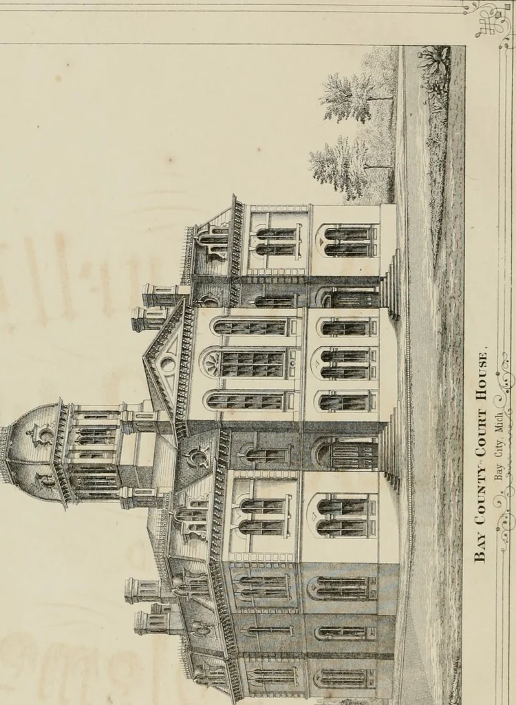 An illustration from Bicknell's village builder. Elevations and plans for cottages, villas, suburban residences, farm houses [etc.] also exterior and interior details for public and private buildings, with approved forms of contracts and specifications. Containing fifty-five plates drawn to scale, 1872, leaf 5