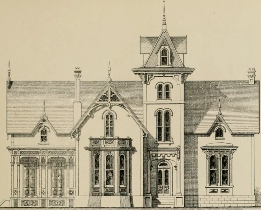 An illustration from Bicknell's village builder. Elevations and plans for cottages, villas, suburban residences, farm houses [etc.] also exterior and interior details for public and private buildings, with approved forms of contracts and specifications. Containing fifty-five plates drawn to scale, 1872, leaf 50