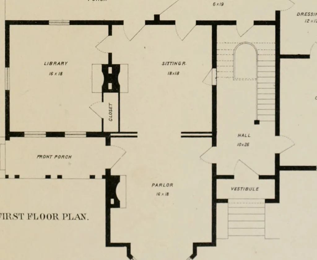 An illustration from Bicknell's village builder. Elevations and plans for cottages, villas, suburban residences, farm houses [etc.] also exterior and interior details for public and private buildings, with approved forms of contracts and specifications. Containing fifty-five plates drawn to scale, 1872, leaf 50