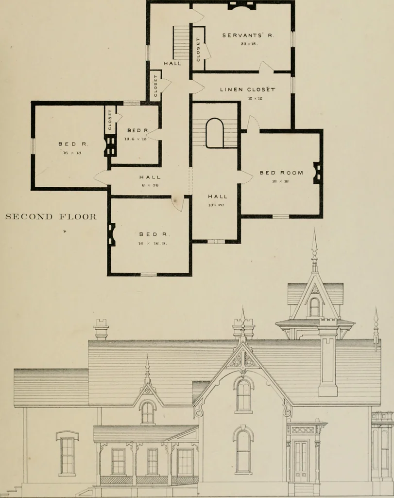 An illustration from Bicknell's village builder. Elevations and plans for cottages, villas, suburban residences, farm houses [etc.] also exterior and interior details for public and private buildings, with approved forms of contracts and specifications. Containing fifty-five plates drawn to scale, 1872, leaf 52