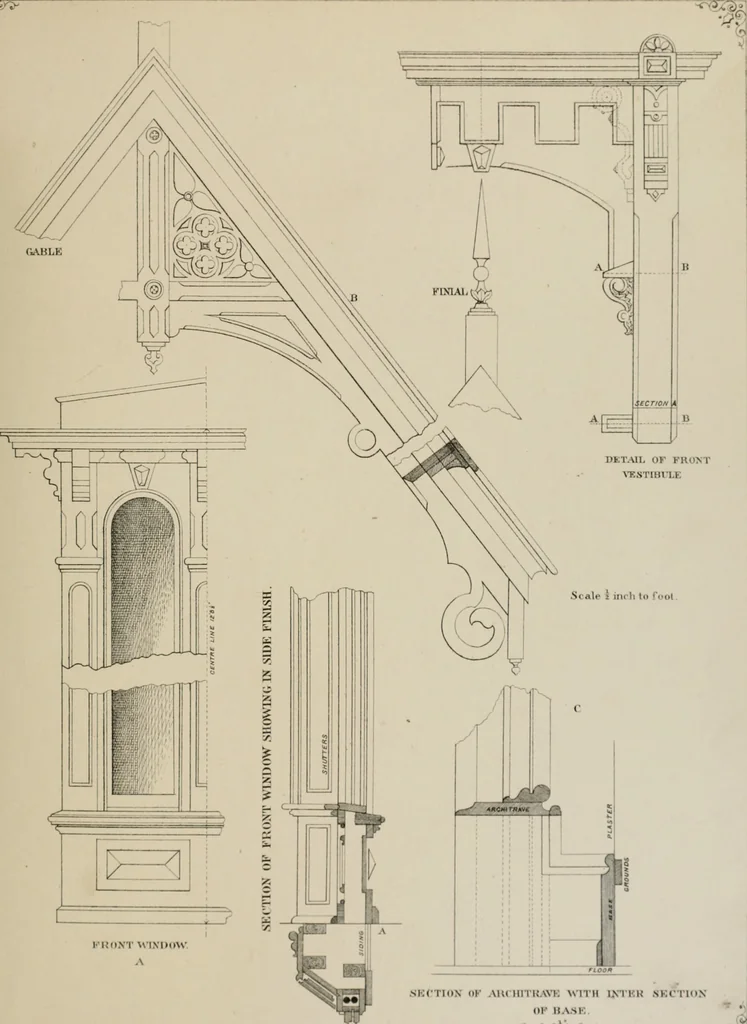An illustration from Bicknell's village builder. Elevations and plans for cottages, villas, suburban residences, farm houses [etc.] also exterior and interior details for public and private buildings, with approved forms of contracts and specifications. Containing fifty-five plates drawn to scale, 1872, leaf 54