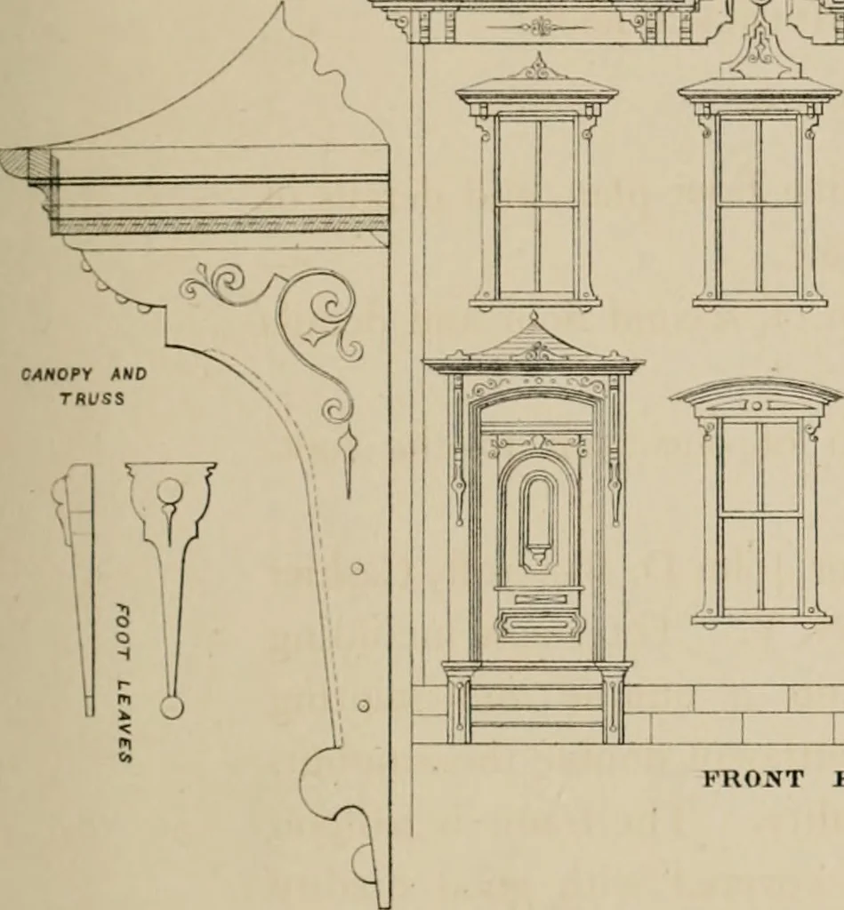 An illustration from Bicknell's village builder. Elevations and plans for cottages, villas, suburban residences, farm houses [etc.] also exterior and interior details for public and private buildings, with approved forms of contracts and specifications. Containing fifty-five plates drawn to scale, 1872, leaf 58