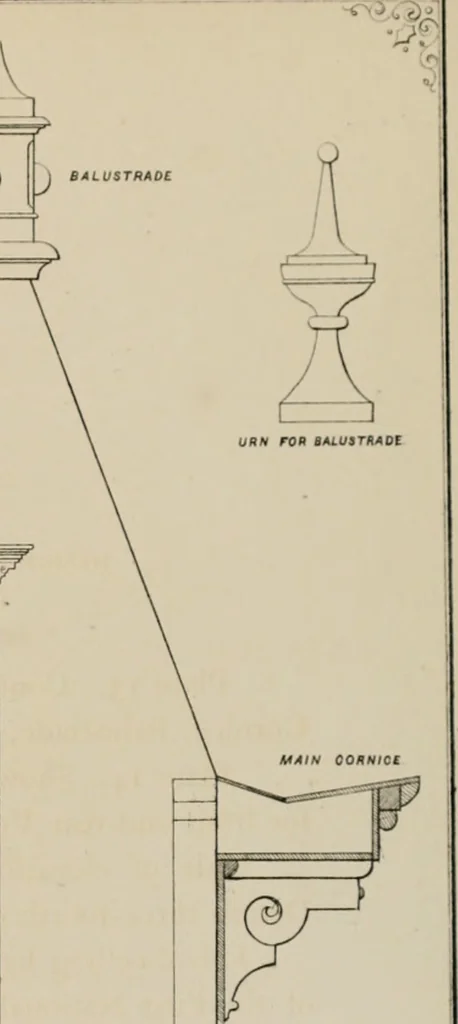 An illustration from Bicknell's village builder. Elevations and plans for cottages, villas, suburban residences, farm houses [etc.] also exterior and interior details for public and private buildings, with approved forms of contracts and specifications. Containing fifty-five plates drawn to scale, 1872, leaf 58