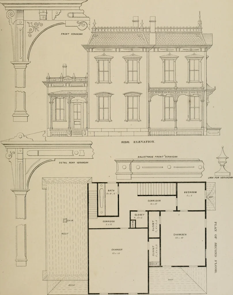 An illustration from Bicknell's village builder. Elevations and plans for cottages, villas, suburban residences, farm houses [etc.] also exterior and interior details for public and private buildings, with approved forms of contracts and specifications. Containing fifty-five plates drawn to scale, 1872, leaf 60