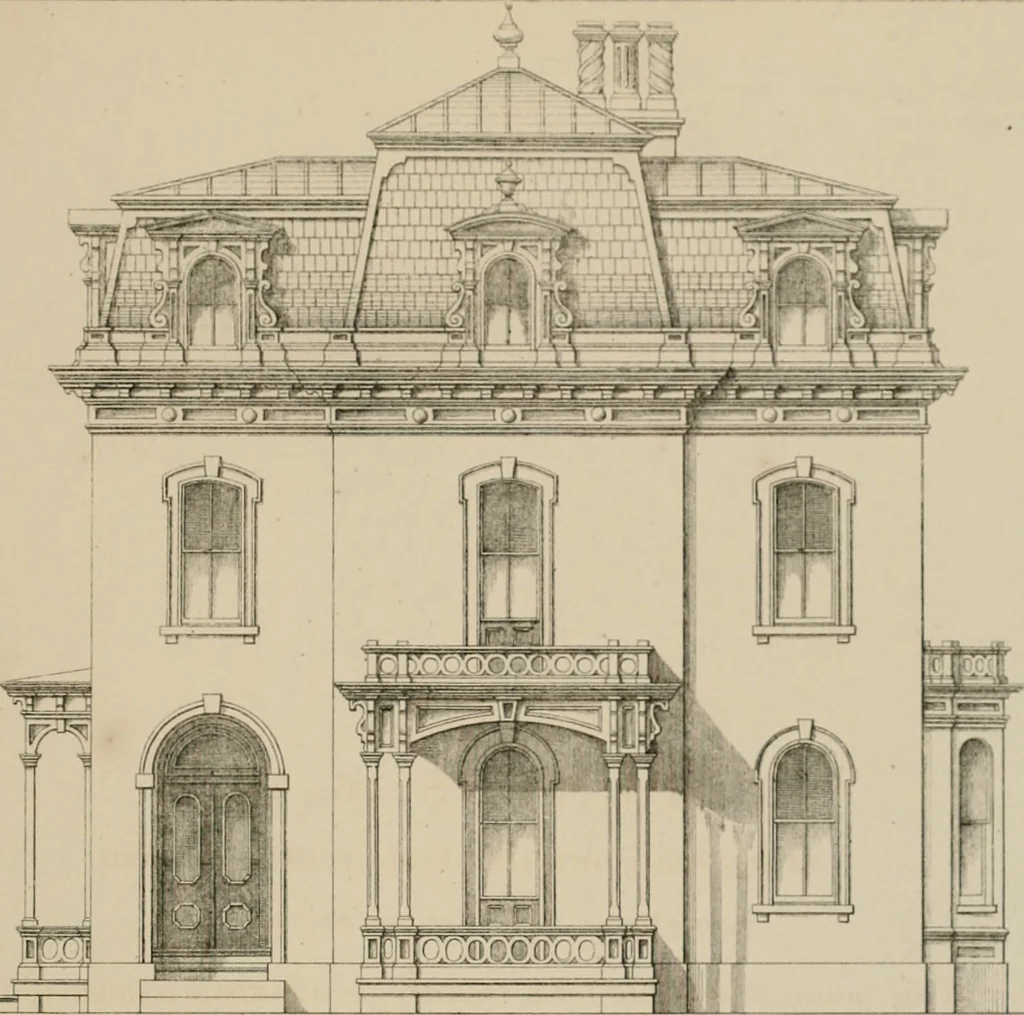 An illustration from Bicknell's village builder. Elevations and plans for cottages, villas, suburban residences, farm houses [etc.] also exterior and interior details for public and private buildings, with approved forms of contracts and specifications. Containing fifty-five plates drawn to scale, 1872, leaf 66