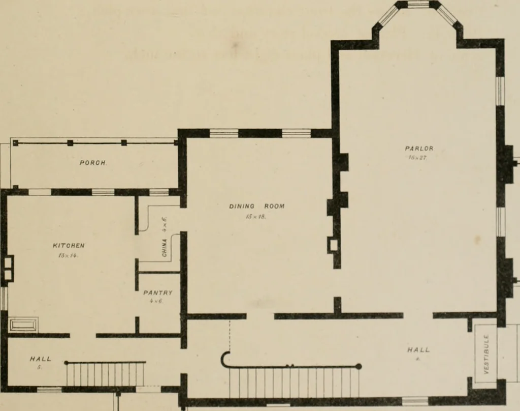 An illustration from Bicknell's village builder. Elevations and plans for cottages, villas, suburban residences, farm houses [etc.] also exterior and interior details for public and private buildings, with approved forms of contracts and specifications. Containing fifty-five plates drawn to scale, 1872, leaf 66