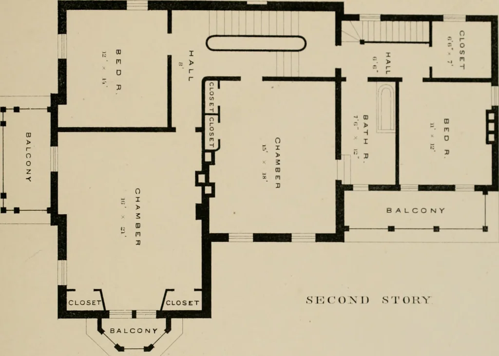 An illustration from Bicknell's village builder. Elevations and plans for cottages, villas, suburban residences, farm houses [etc.] also exterior and interior details for public and private buildings, with approved forms of contracts and specifications. Containing fifty-five plates drawn to scale, 1872, leaf 68
