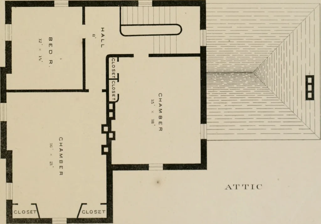 An illustration from Bicknell's village builder. Elevations and plans for cottages, villas, suburban residences, farm houses [etc.] also exterior and interior details for public and private buildings, with approved forms of contracts and specifications. Containing fifty-five plates drawn to scale, 1872, leaf 68