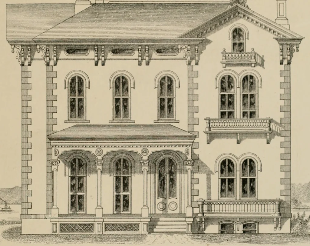 An illustration from Bicknell's village builder. Elevations and plans for cottages, villas, suburban residences, farm houses [etc.] also exterior and interior details for public and private buildings, with approved forms of contracts and specifications. Containing fifty-five plates drawn to scale, 1872, leaf 70