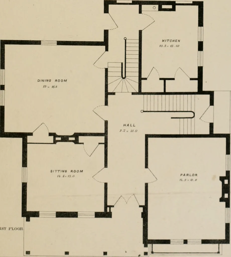 An illustration from Bicknell's village builder. Elevations and plans for cottages, villas, suburban residences, farm houses [etc.] also exterior and interior details for public and private buildings, with approved forms of contracts and specifications. Containing fifty-five plates drawn to scale, 1872, leaf 70