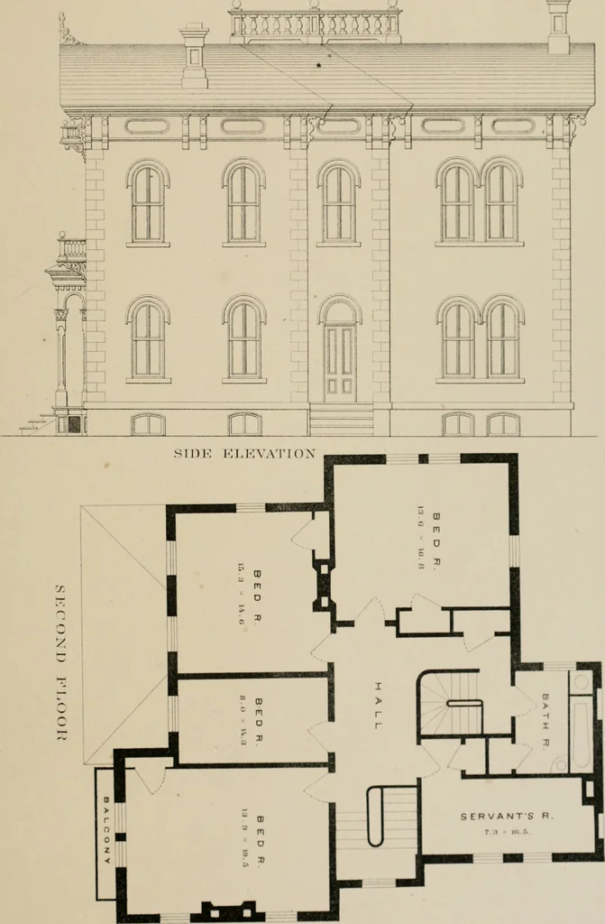 An illustration from Bicknell's village builder. Elevations and plans for cottages, villas, suburban residences, farm houses [etc.] also exterior and interior details for public and private buildings, with approved forms of contracts and specifications. Containing fifty-five plates drawn to scale, 1872, leaf 72