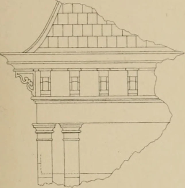 An illustration from Bicknell's village builder. Elevations and plans for cottages, villas, suburban residences, farm houses [etc.] also exterior and interior details for public and private buildings, with approved forms of contracts and specifications. Containing fifty-five plates drawn to scale, 1872, leaf 76