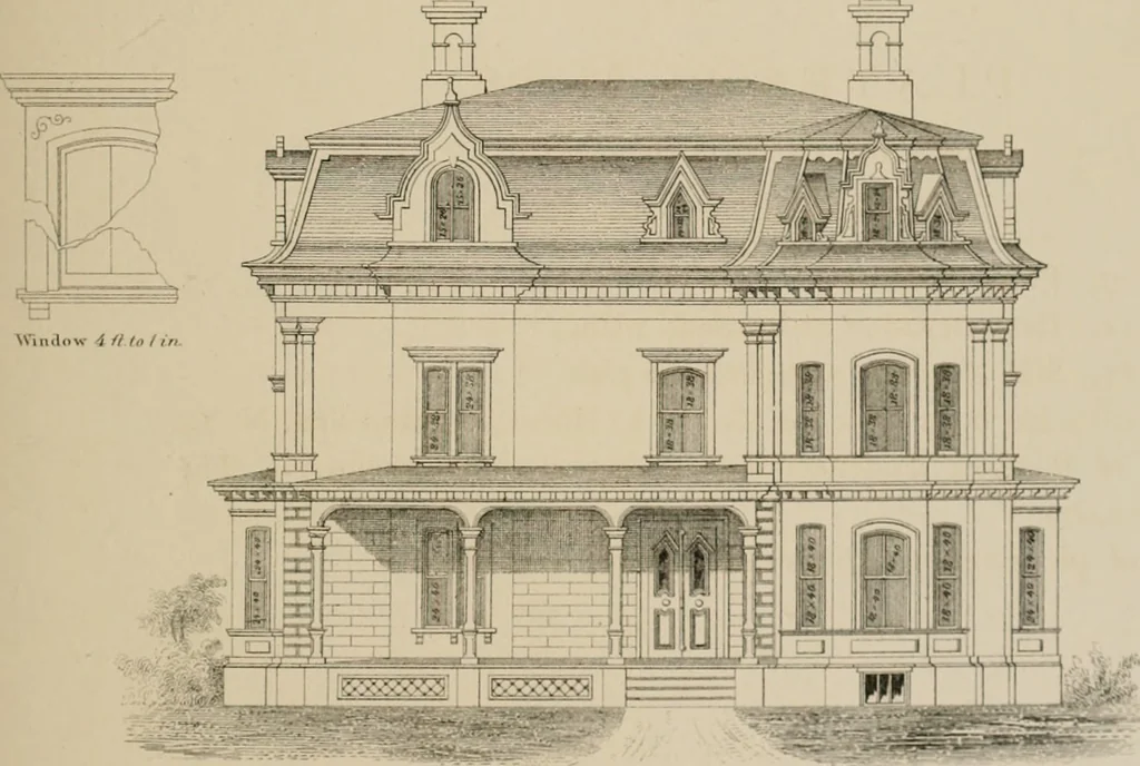 An illustration from Bicknell's village builder. Elevations and plans for cottages, villas, suburban residences, farm houses [etc.] also exterior and interior details for public and private buildings, with approved forms of contracts and specifications. Containing fifty-five plates drawn to scale, 1872, leaf 76
