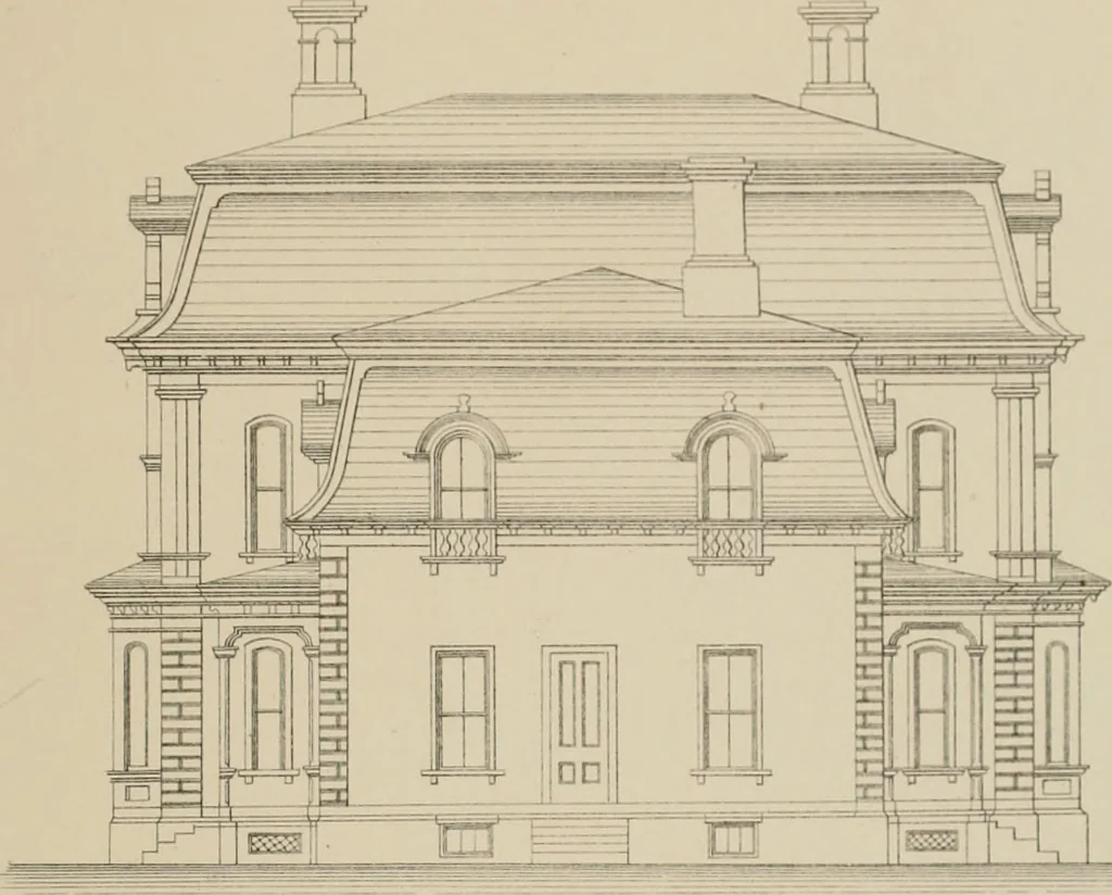 An illustration from Bicknell's village builder. Elevations and plans for cottages, villas, suburban residences, farm houses [etc.] also exterior and interior details for public and private buildings, with approved forms of contracts and specifications. Containing fifty-five plates drawn to scale, 1872, leaf 78