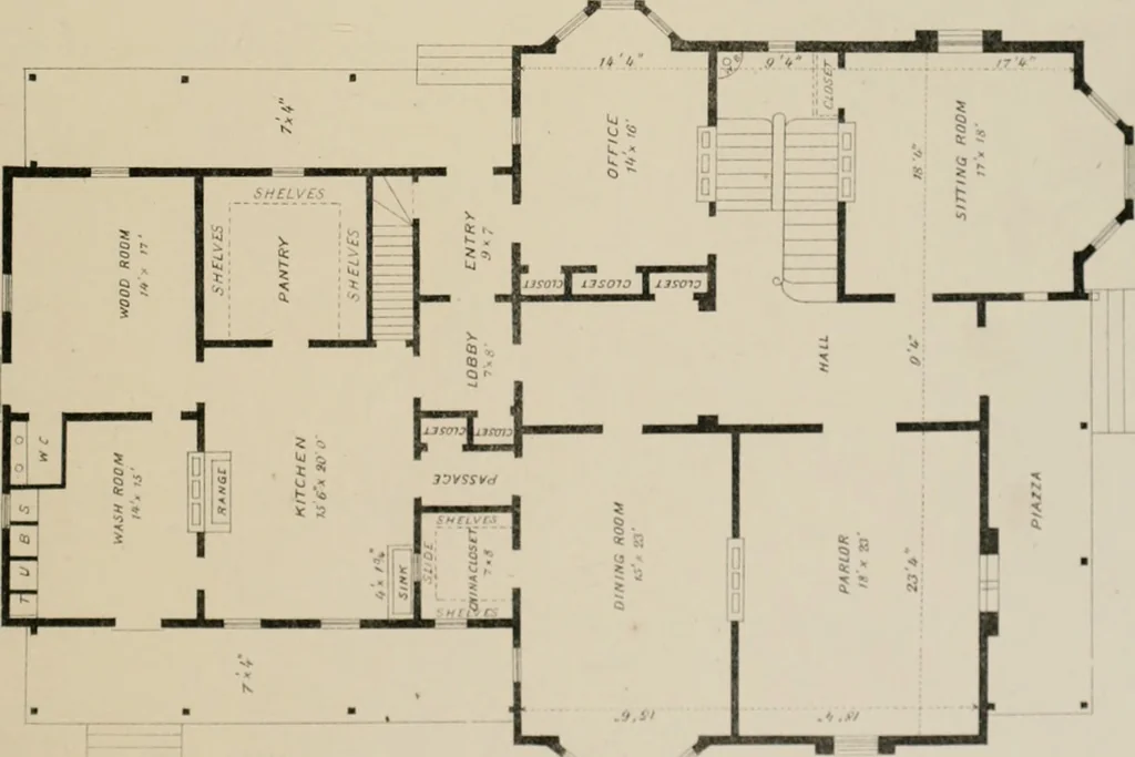 An illustration from Bicknell's village builder. Elevations and plans for cottages, villas, suburban residences, farm houses [etc.] also exterior and interior details for public and private buildings, with approved forms of contracts and specifications. Containing fifty-five plates drawn to scale, 1872, leaf 78