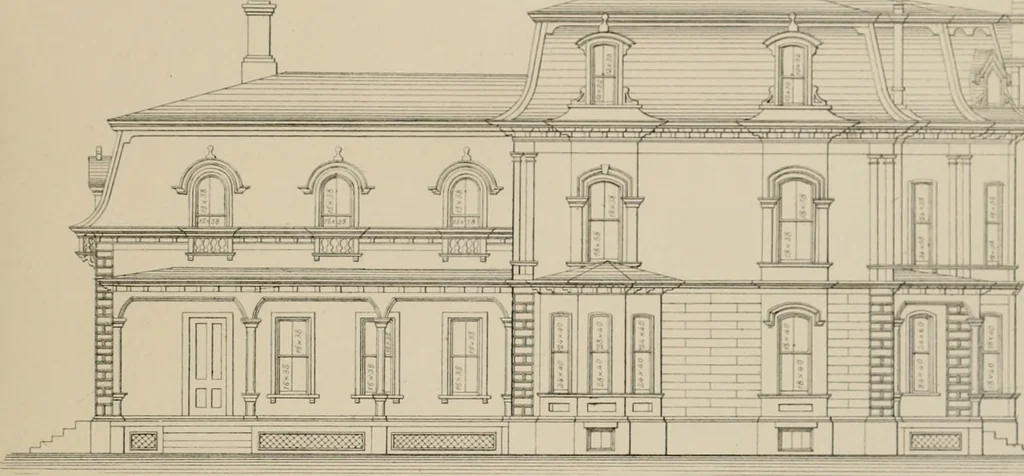 An illustration from Bicknell's village builder. Elevations and plans for cottages, villas, suburban residences, farm houses [etc.] also exterior and interior details for public and private buildings, with approved forms of contracts and specifications. Containing fifty-five plates drawn to scale, 1872, leaf 80
