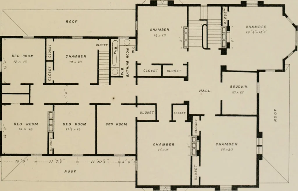 An illustration from Bicknell's village builder. Elevations and plans for cottages, villas, suburban residences, farm houses [etc.] also exterior and interior details for public and private buildings, with approved forms of contracts and specifications. Containing fifty-five plates drawn to scale, 1872, leaf 80