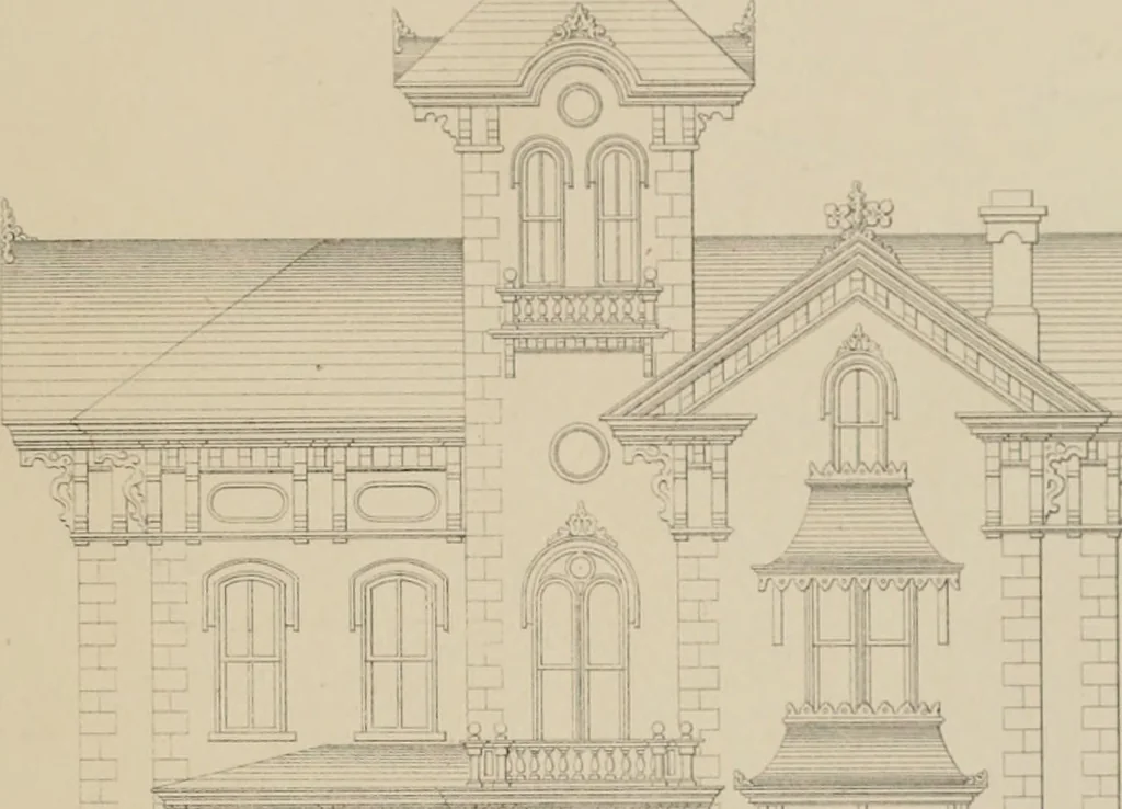 An illustration from Bicknell's village builder. Elevations and plans for cottages, villas, suburban residences, farm houses [etc.] also exterior and interior details for public and private buildings, with approved forms of contracts and specifications. Containing fifty-five plates drawn to scale, 1872, leaf 82