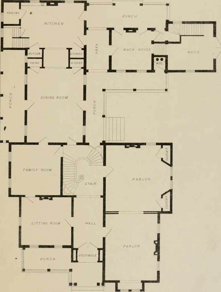 An illustration from Bicknell's village builder. Elevations and plans for cottages, villas, suburban residences, farm houses [etc.] also exterior and interior details for public and private buildings, with approved forms of contracts and specifications. Containing fifty-five plates drawn to scale, 1872, leaf 84