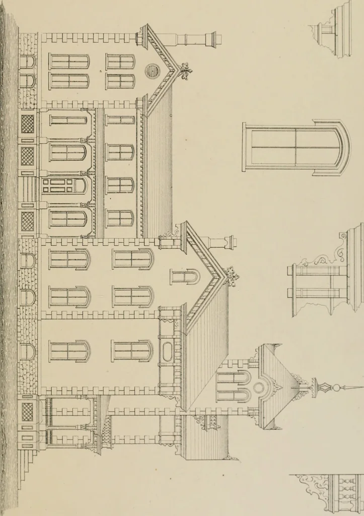 An illustration from Bicknell's village builder. Elevations and plans for cottages, villas, suburban residences, farm houses [etc.] also exterior and interior details for public and private buildings, with approved forms of contracts and specifications. Containing fifty-five plates drawn to scale, 1872, leaf 86