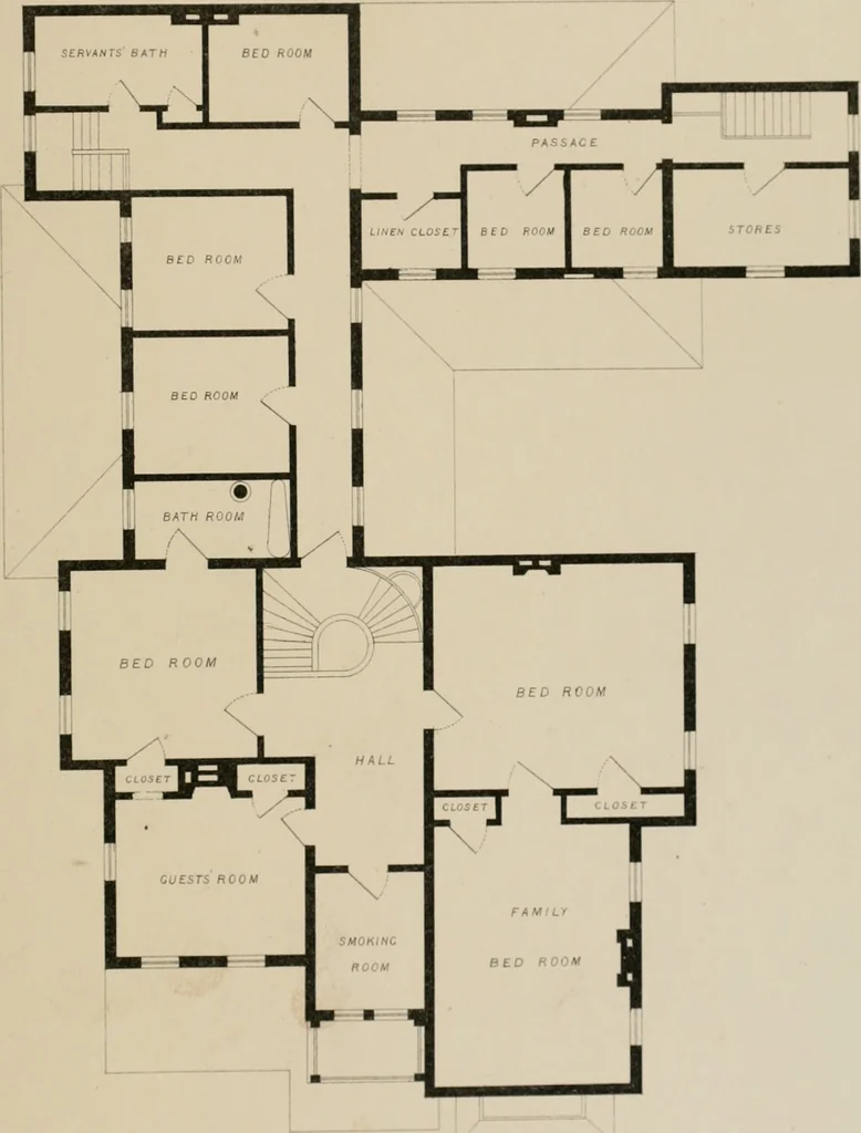 An illustration from Bicknell's village builder. Elevations and plans for cottages, villas, suburban residences, farm houses [etc.] also exterior and interior details for public and private buildings, with approved forms of contracts and specifications. Containing fifty-five plates drawn to scale, 1872, leaf 88