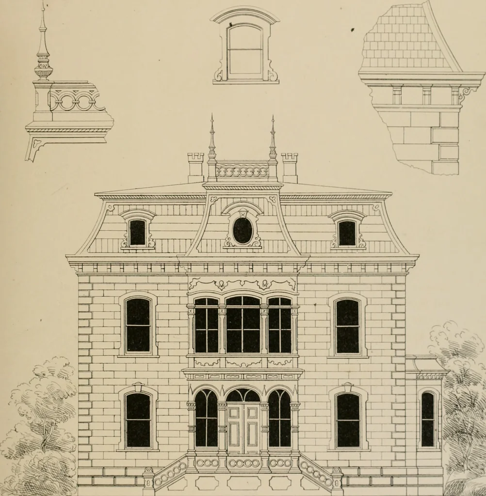 An illustration from Bicknell's village builder. Elevations and plans for cottages, villas, suburban residences, farm houses [etc.] also exterior and interior details for public and private buildings, with approved forms of contracts and specifications. Containing fifty-five plates drawn to scale, 1872, leaf 90