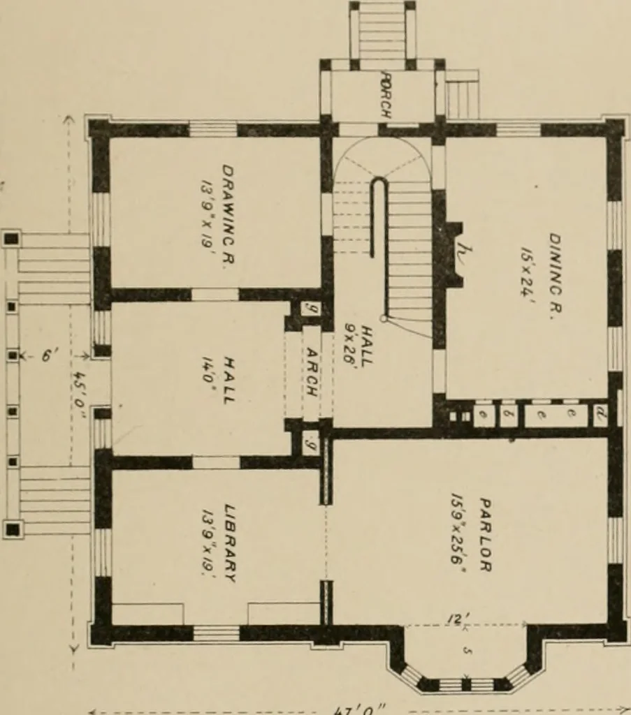 An illustration from Bicknell's village builder. Elevations and plans for cottages, villas, suburban residences, farm houses [etc.] also exterior and interior details for public and private buildings, with approved forms of contracts and specifications. Containing fifty-five plates drawn to scale, 1872, leaf 92