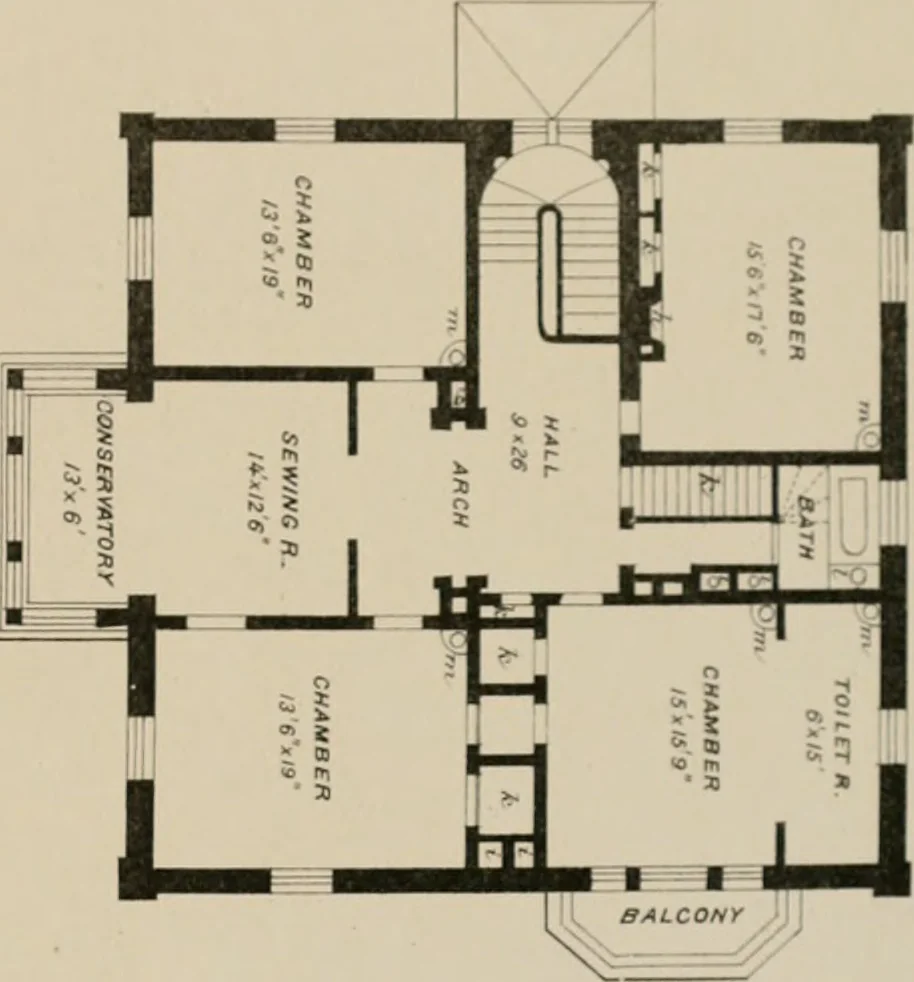 An illustration from Bicknell's village builder. Elevations and plans for cottages, villas, suburban residences, farm houses [etc.] also exterior and interior details for public and private buildings, with approved forms of contracts and specifications. Containing fifty-five plates drawn to scale, 1872, leaf 92