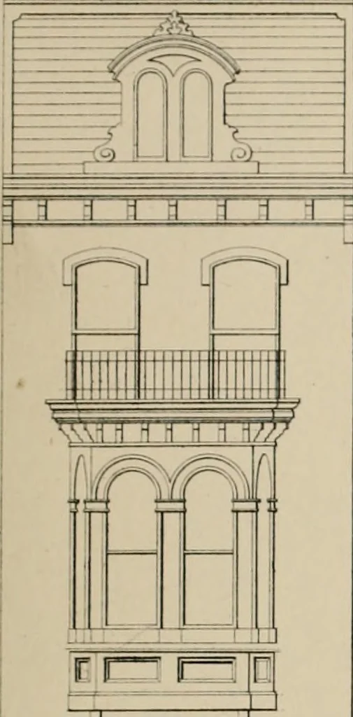 An illustration from Bicknell's village builder. Elevations and plans for cottages, villas, suburban residences, farm houses [etc.] also exterior and interior details for public and private buildings, with approved forms of contracts and specifications. Containing fifty-five plates drawn to scale, 1872, leaf 94