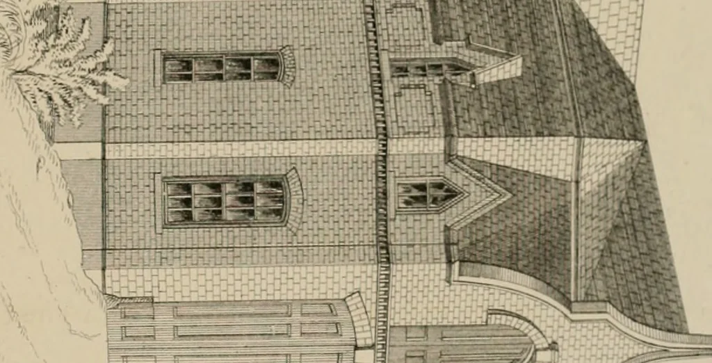An illustration from Bicknell's village builder. Elevations and plans for cottages, villas, suburban residences, farm houses [etc.] also exterior and interior details for public and private buildings, with approved forms of contracts and specifications. Containing fifty-five plates drawn to scale, 1872, leaf 96