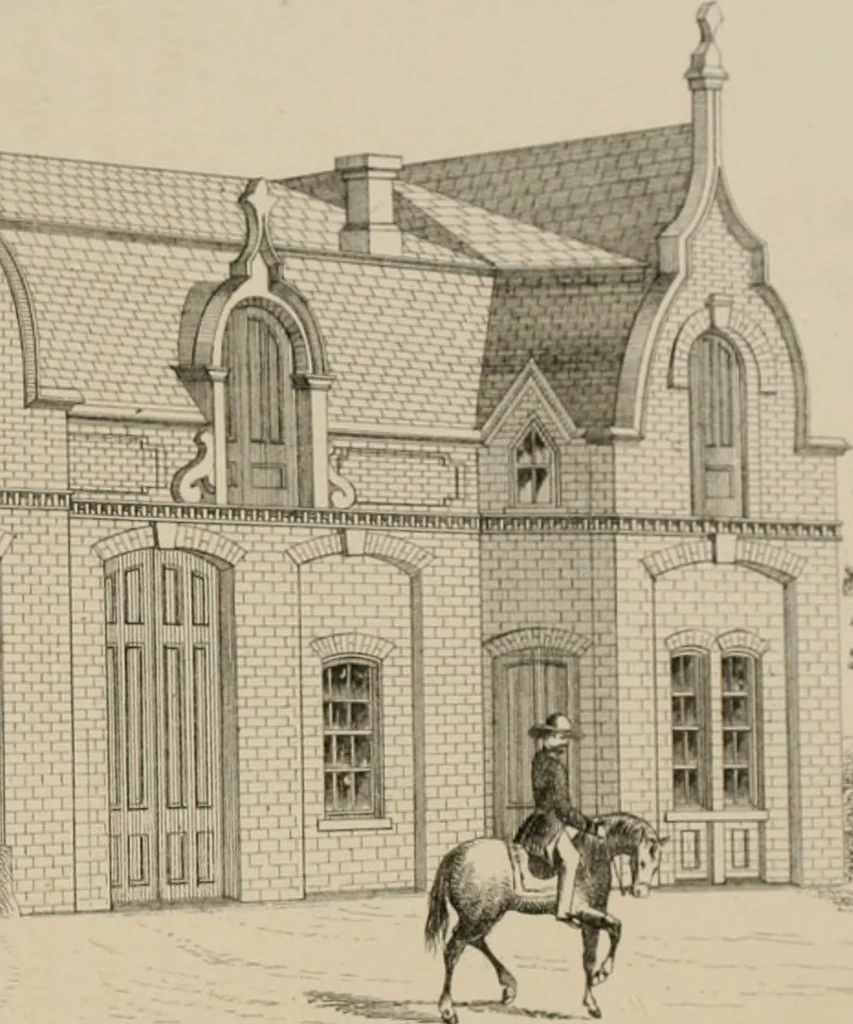 An illustration from Bicknell's village builder. Elevations and plans for cottages, villas, suburban residences, farm houses [etc.] also exterior and interior details for public and private buildings, with approved forms of contracts and specifications. Containing fifty-five plates drawn to scale, 1872, leaf 96