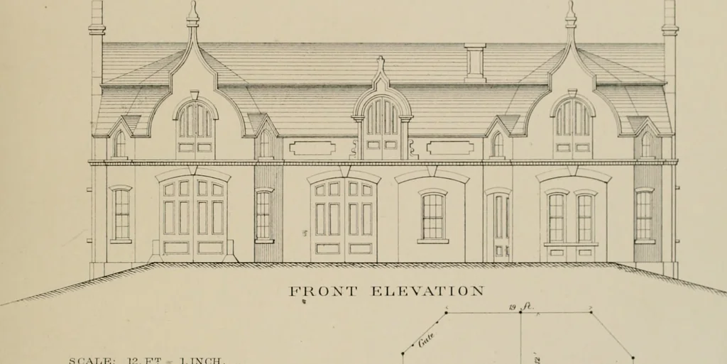 An illustration from Bicknell's village builder. Elevations and plans for cottages, villas, suburban residences, farm houses [etc.] also exterior and interior details for public and private buildings, with approved forms of contracts and specifications. Containing fifty-five plates drawn to scale, 1872, leaf 98