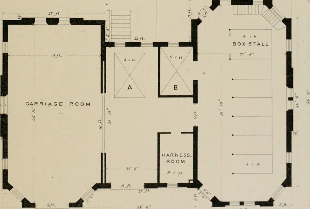 An illustration from Bicknell's village builder. Elevations and plans for cottages, villas, suburban residences, farm houses [etc.] also exterior and interior details for public and private buildings, with approved forms of contracts and specifications. Containing fifty-five plates drawn to scale, 1872, leaf 98