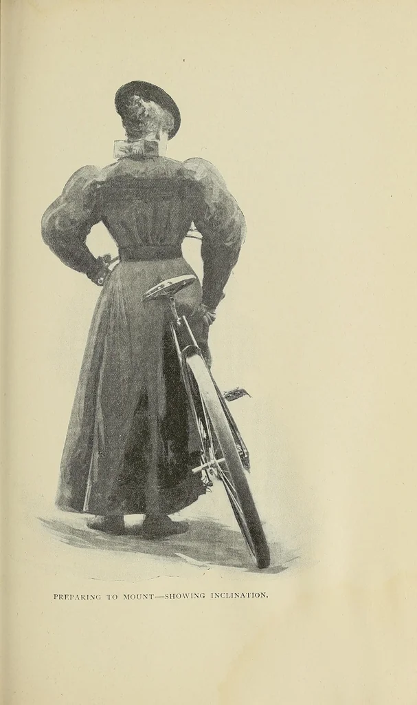 An illustration from Bicycling for ladies : with hints as to the art of wheeling, advice to beginners, dress, care of the bicycle, mechanics, training, exercise, etc., etc., 1896, leaf 143