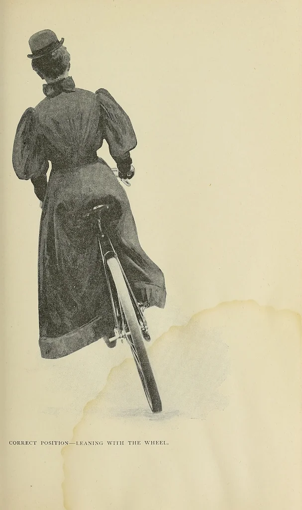An illustration from Bicycling for ladies : with hints as to the art of wheeling, advice to beginners, dress, care of the bicycle, mechanics, training, exercise, etc., etc., 1896, leaf 47