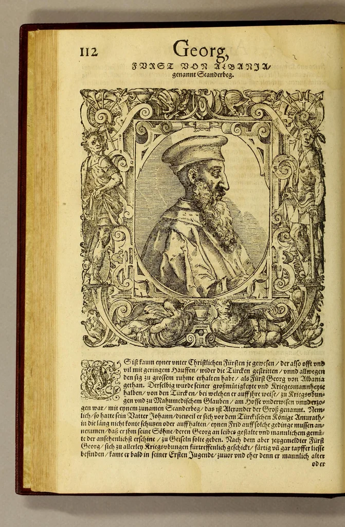 An illustration from Bildnisse viler zum Theyle vou [sic] vralten, zum Theyle von newlichern Zeiten her, Kriegs vnd anderer weltlicher Hänndel halben, bej Christen vnnd Vnchristen gewesener berühmter Keyser, Könige, Fürsten, Grauen vnd Edeln, in massen dieselbige Paulus Iouius, vorweilen Bischoff von Nocera, durch allerley Gelegenheyt zusammen gebracht, vnd in seiner Bibliotheca oder Librareje zu Newen Como abgemalt hinderlassen. : Mit kurtzverfassten Beschreibungen jhres jedes geführten Lebens vnd Wesens, dardurch sie fürnemlich in Gutem oder Bösem bekannt vnd namhafftig worden, etlicher massen aus Pauli Iouij, vnd gleichwol mehrern theyls, aus andern in latinischer, italianischer, franzosischer, spanischer vnnd teutscher Sprache aussgangenen Chronicken vnd Historien zum fleissigsten erklärt, vnd jetz erstlich in offenen Truck verordnet:, 1582, leaf 132