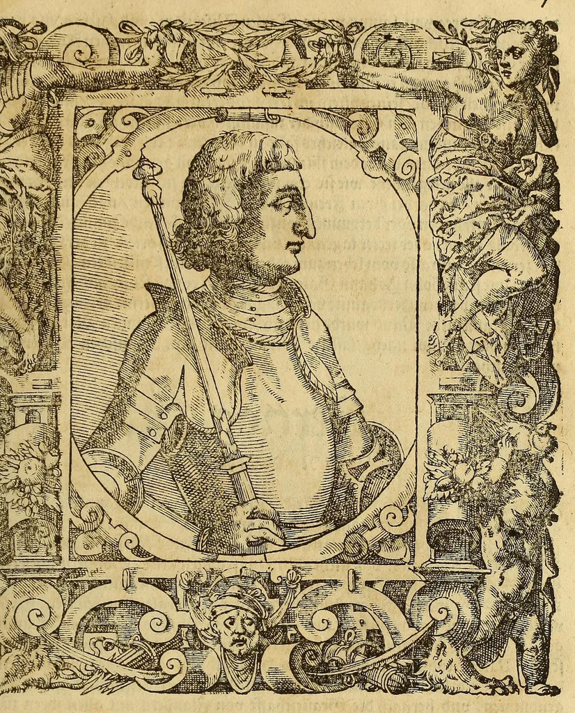 An illustration from Bildnisse viler zum Theyle vou [sic] vralten, zum Theyle von newlichern Zeiten her, Kriegs vnd anderer weltlicher Hänndel halben, bej Christen vnnd Vnchristen gewesener berühmter Keyser, Könige, Fürsten, Grauen vnd Edeln, in massen dieselbige Paulus Iouius, vorweilen Bischoff von Nocera, durch allerley Gelegenheyt zusammen gebracht, vnd in seiner Bibliotheca oder Librareje zu Newen Como abgemalt hinderlassen. : Mit kurtzverfassten Beschreibungen jhres jedes geführten Lebens vnd Wesens, dardurch sie fürnemlich in Gutem oder Bösem bekannt vnd namhafftig worden, etlicher massen aus Pauli Iouij, vnd gleichwol mehrern theyls, aus andern in latinischer, italianischer, franzosischer, spanischer vnnd teutscher Sprache aussgangenen Chronicken vnd Historien zum fleissigsten erklärt, vnd jetz erstlich in offenen Truck verordnet:, 1582, leaf 137