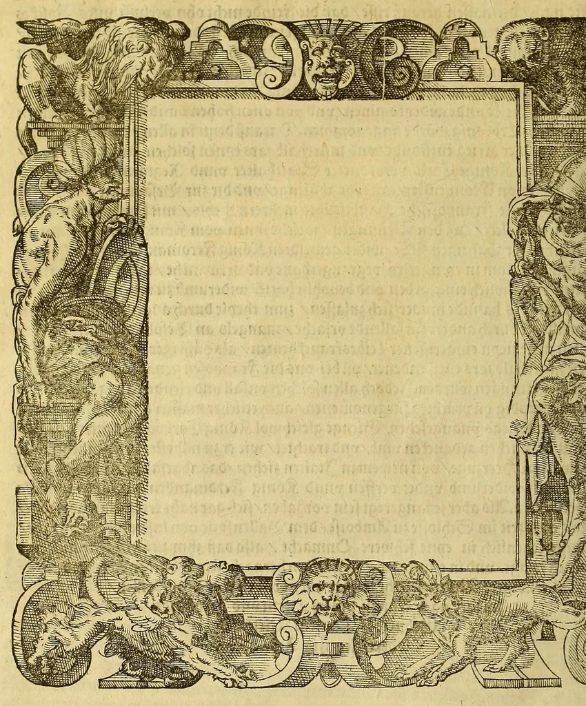 An illustration from Bildnisse viler zum Theyle vou [sic] vralten, zum Theyle von newlichern Zeiten her, Kriegs vnd anderer weltlicher Hänndel halben, bej Christen vnnd Vnchristen gewesener berühmter Keyser, Könige, Fürsten, Grauen vnd Edeln, in massen dieselbige Paulus Iouius, vorweilen Bischoff von Nocera, durch allerley Gelegenheyt zusammen gebracht, vnd in seiner Bibliotheca oder Librareje zu Newen Como abgemalt hinderlassen. : Mit kurtzverfassten Beschreibungen jhres jedes geführten Lebens vnd Wesens, dardurch sie fürnemlich in Gutem oder Bösem bekannt vnd namhafftig worden, etlicher massen aus Pauli Iouij, vnd gleichwol mehrern theyls, aus andern in latinischer, italianischer, franzosischer, spanischer vnnd teutscher Sprache aussgangenen Chronicken vnd Historien zum fleissigsten erklärt, vnd jetz erstlich in offenen Truck verordnet:, 1582, leaf 164