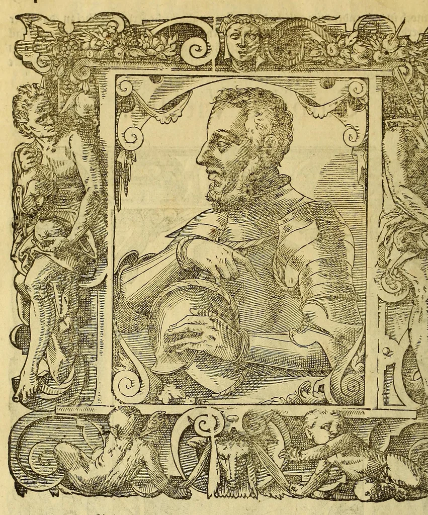 An illustration from Bildnisse viler zum Theyle vou [sic] vralten, zum Theyle von newlichern Zeiten her, Kriegs vnd anderer weltlicher Hänndel halben, bej Christen vnnd Vnchristen gewesener berühmter Keyser, Könige, Fürsten, Grauen vnd Edeln, in massen dieselbige Paulus Iouius, vorweilen Bischoff von Nocera, durch allerley Gelegenheyt zusammen gebracht, vnd in seiner Bibliotheca oder Librareje zu Newen Como abgemalt hinderlassen. : Mit kurtzverfassten Beschreibungen jhres jedes geführten Lebens vnd Wesens, dardurch sie fürnemlich in Gutem oder Bösem bekannt vnd namhafftig worden, etlicher massen aus Pauli Iouij, vnd gleichwol mehrern theyls, aus andern in latinischer, italianischer, franzosischer, spanischer vnnd teutscher Sprache aussgangenen Chronicken vnd Historien zum fleissigsten erklärt, vnd jetz erstlich in offenen Truck verordnet:, 1582, leaf 166